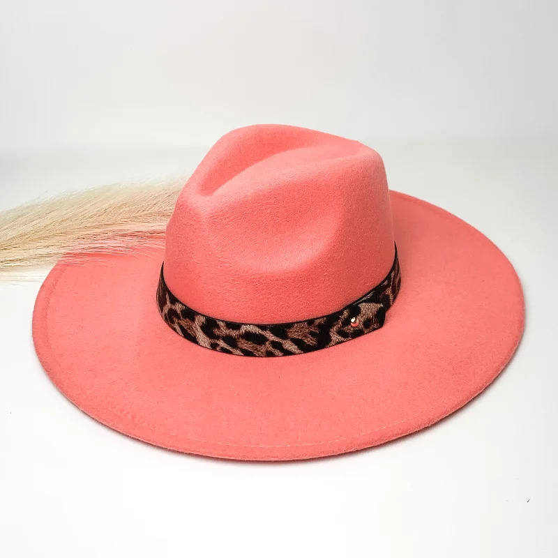 Best of Me Rancher Faux Felt Hat with Leopard Print Hat Band in Coral Pink