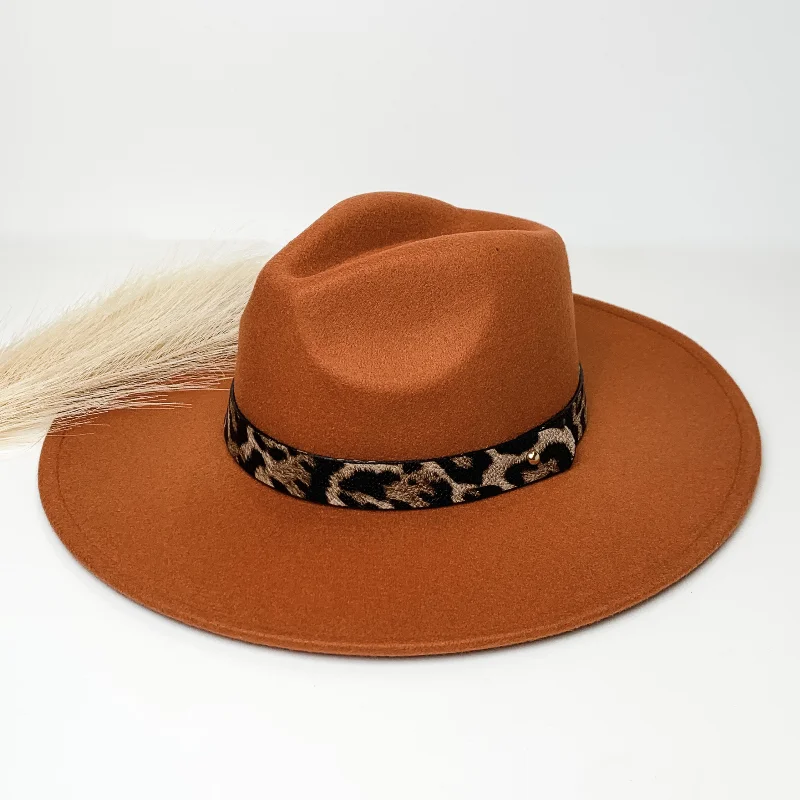 Best of Me Rancher Faux Felt Hat with Leopard Print Hat Band in Rust Tan