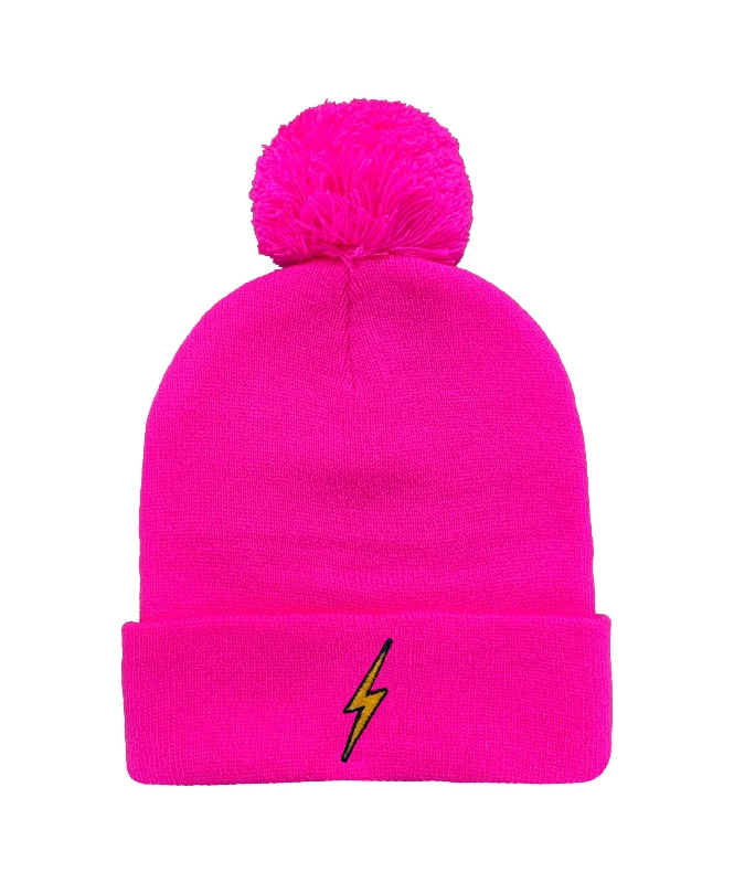 BOLT POM POM RIB BEANIE - NEON PINK