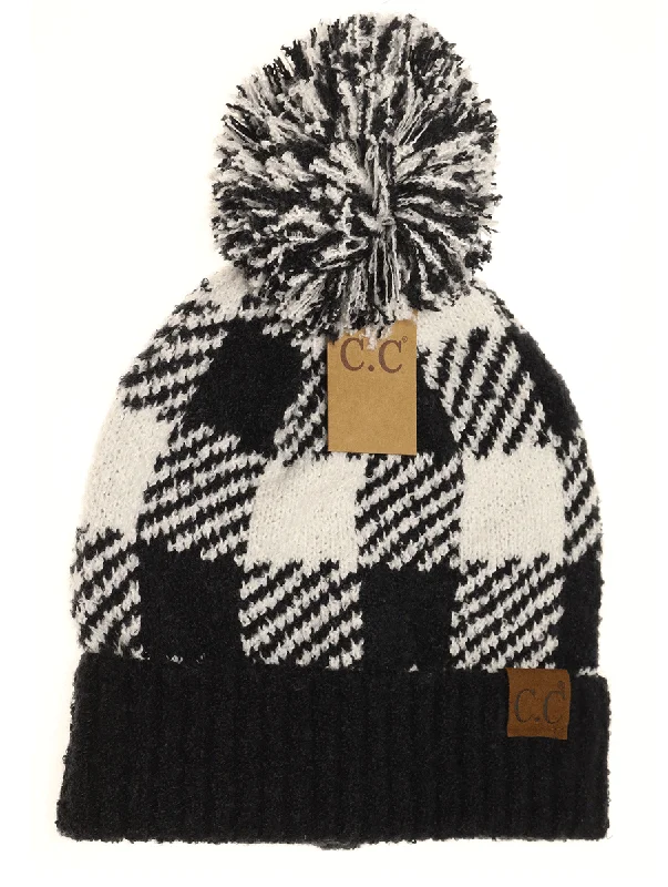 Buffalo Print Jacquard Knit Pom Beanie in Black + White