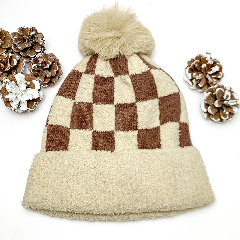 Checkered Beanie in Beige and Brown