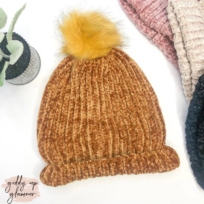 Chenille Pom Pom Beanie in Mustard Yellow