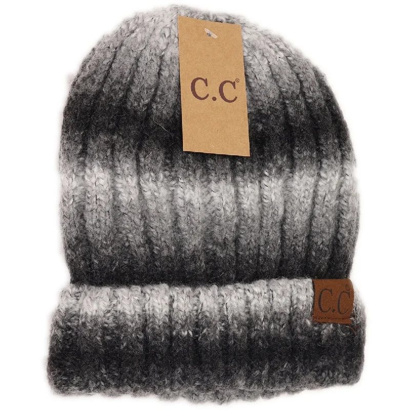 Fuzzy Lined Ombre Knit Cuff Beanie in Black