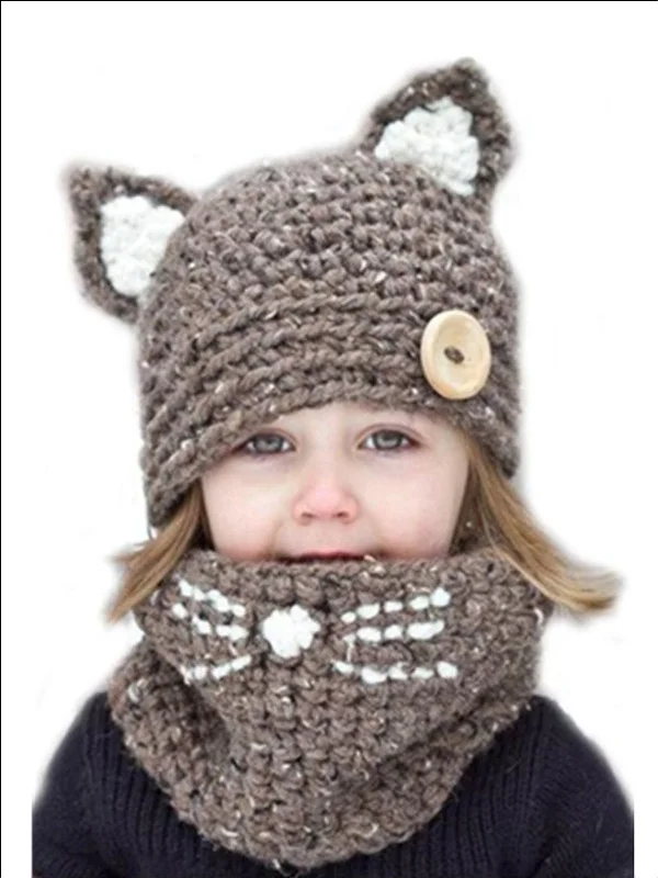 Girls Fall Knitted Cat Ear Hat with Whisker Neck Scarf