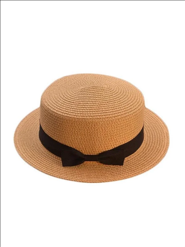 Girls Woven Straw Fedora Hat with Bow Tie (Multiple Color Options)