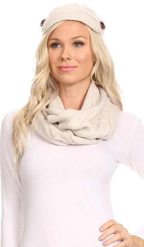 Sakkas Bri Classic Button Cable Knit Beanie Hat And Matching Infinity Scarf Set