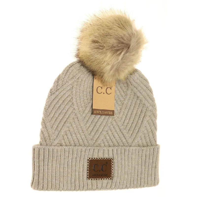 Large Patch Heathered Pom Beanie in Warm Grey