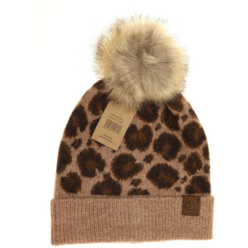 Leopard Pattern Faux Fur Pom Beanie