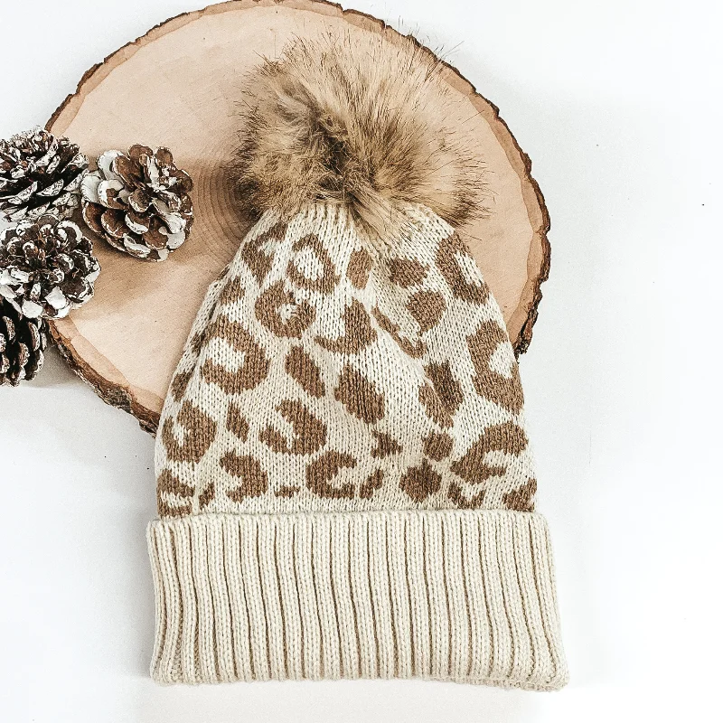 Leopard Print Pom Pom Beanie in Ivory