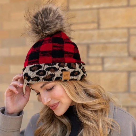 Leopard Red Buffalo Check Faux Fur Pom Beanie