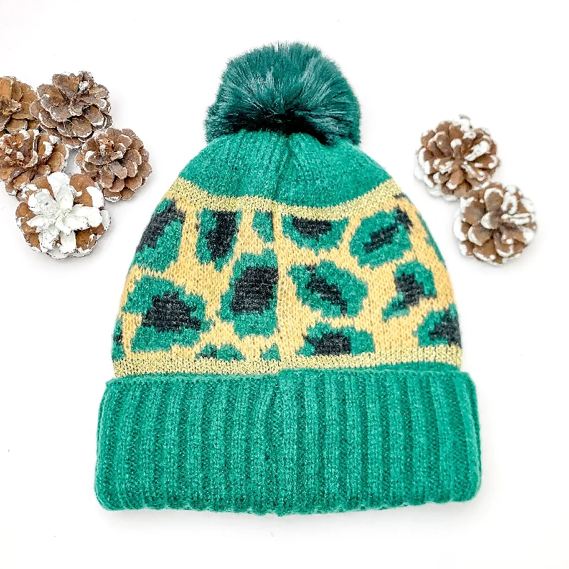 Lucky Leopard Beanie in Forest Green and Beige