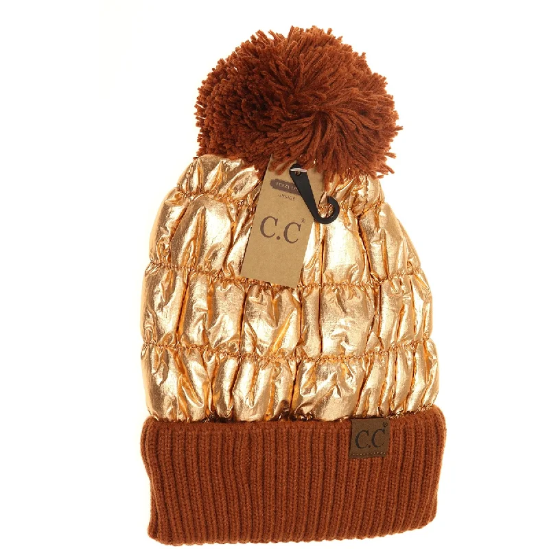 Metallic Knit Pom Beanie in Burnt Orange