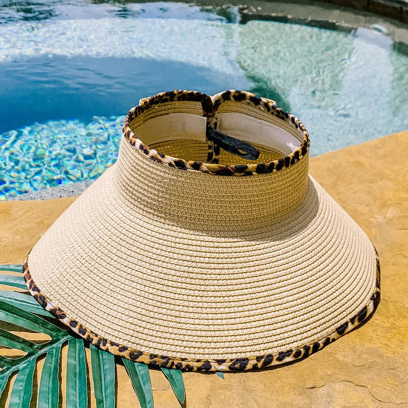 Poolside Chic Velcro Sun Visor in Natural with Leopard Print Trim