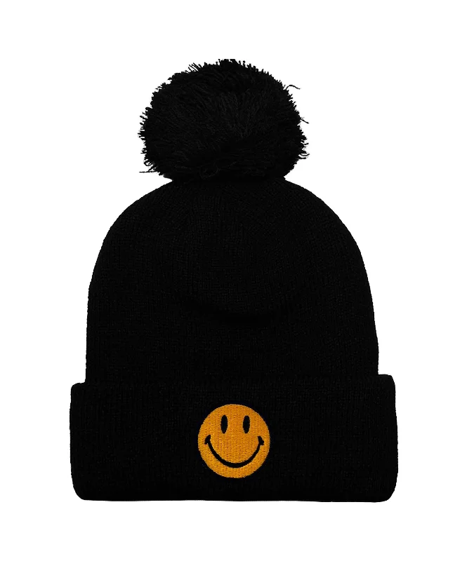 SMILEY POM POM RIB BEANIE