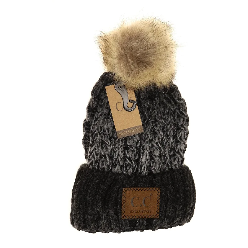 Two Toned Ombre Vintage Faux Fur Pom Beanie in Black