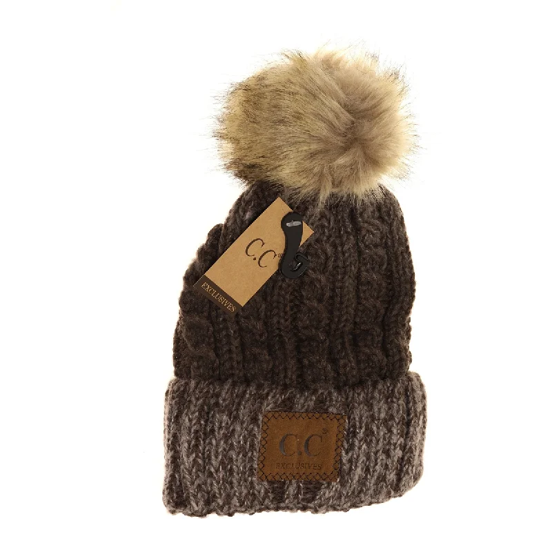 Two Toned Ombre Vintage Faux Fur Pom Beanie in Brown