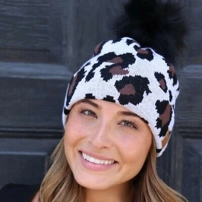 White Leopard Animal Print Fleece Lined Cable Knit Faux Fur Pompom Beanie Hat